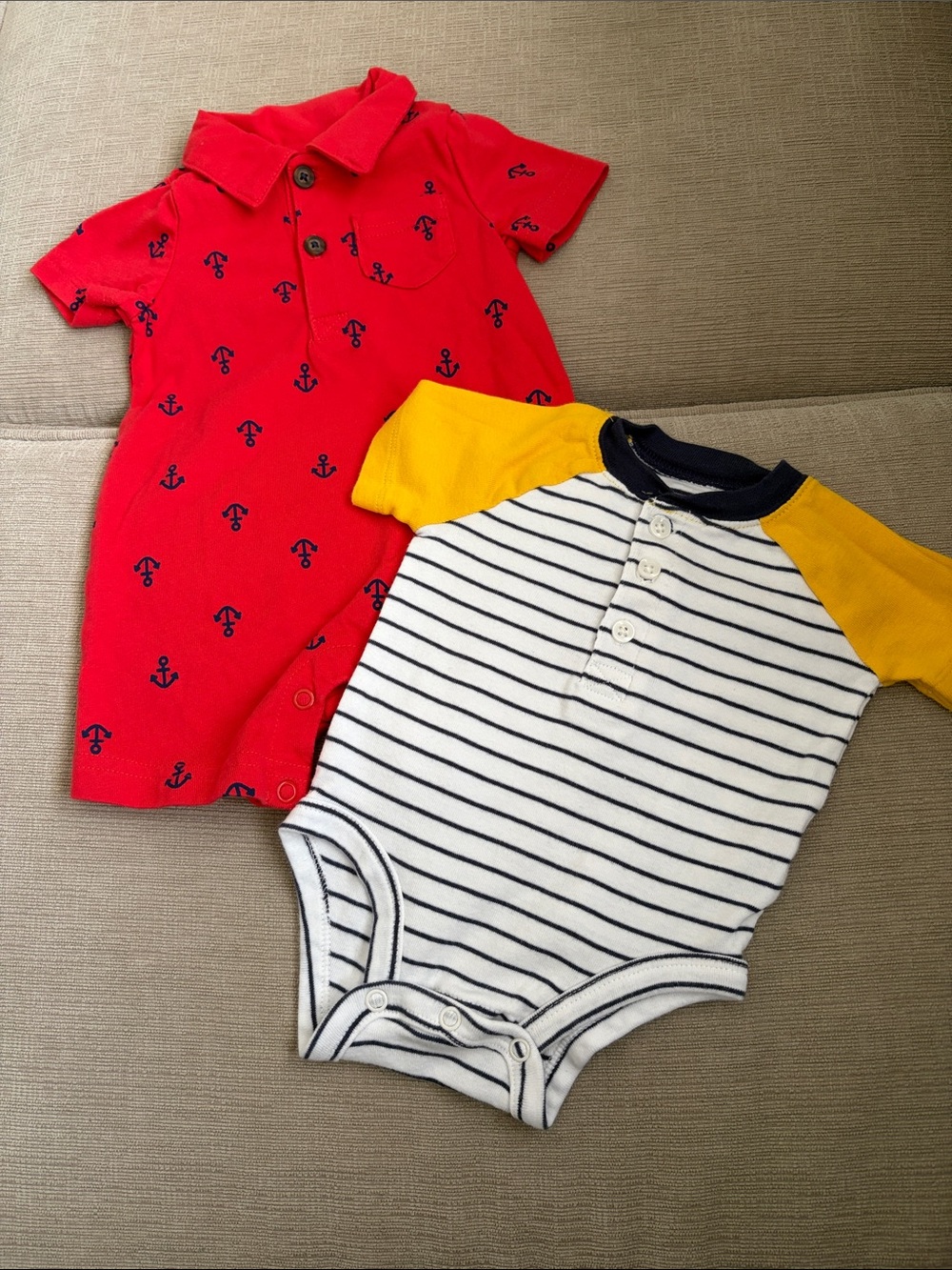 Baby Anchor Polo One-Piece & Navy Stripe Raglan Bodysuit 2pc Bundle